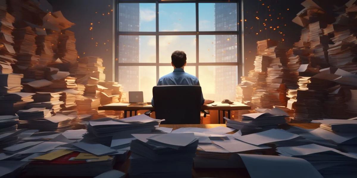 man_sitting_at_office_desk_with_his_back_to_camera_with_mountains_of_work_on_his_desk