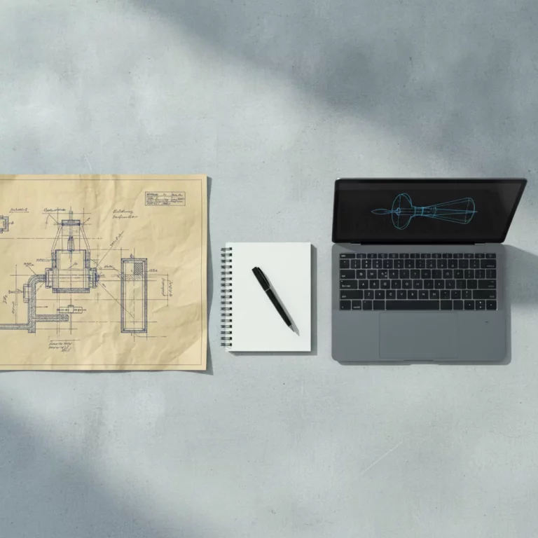 Old blueprint beside a modern laptop