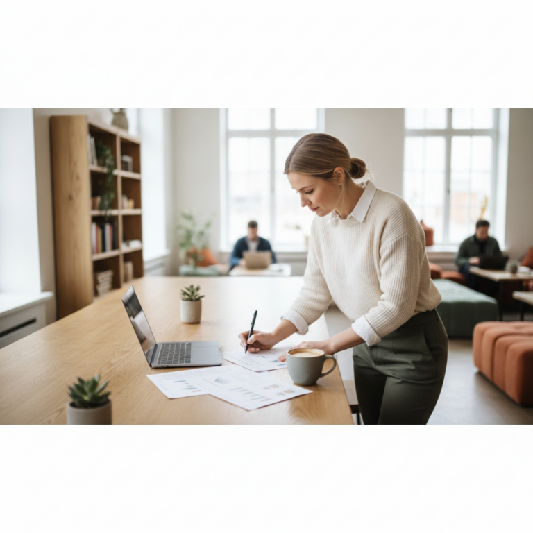 Analyst reviewing a document at a cafe desk