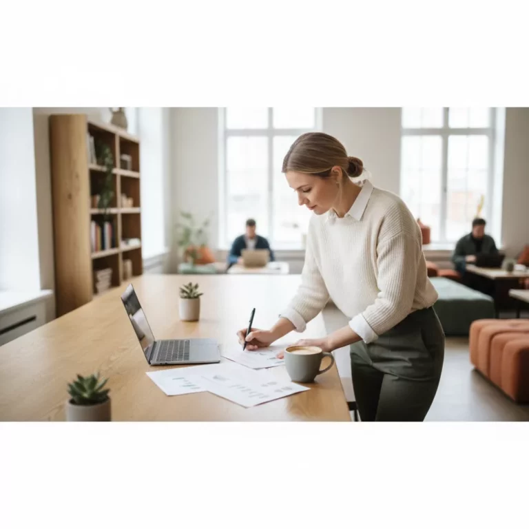Analyst reviewing a document at a cafe desk