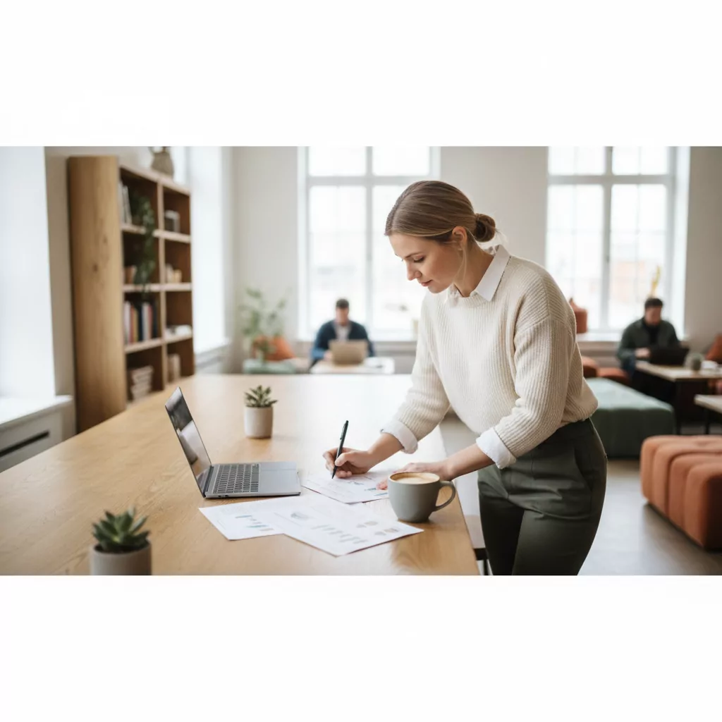 Analyst reviewing a document at a cafe desk