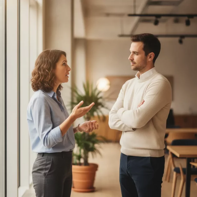 Two colleagues talking in a modern office